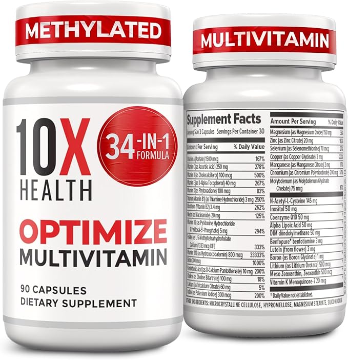 10X Health Optimize Multivitamin for Men - 90 Capsules, Methylated Multivitamin 34 in 1 Formula with 800 mcg of Vitamin B12, 5-MTHF, NAC - Methyl B Complex, MTHFR Supplement