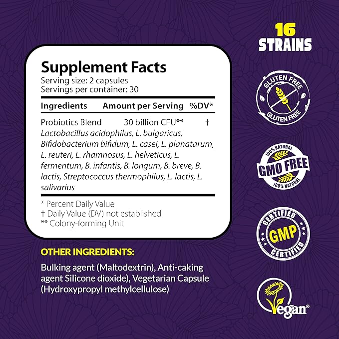 NutriZing Vegan Probiotics for Digestive Health - 30 Billion CFU & 16 strains - Bifidobacterium & Lactobacillus Probiotics for Men & Women - Delayed Release Probiotic Gut Health Supplement