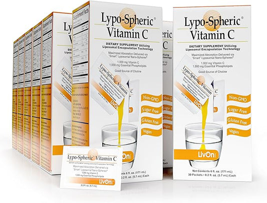 LivOn Laboratories Lypo–Spheric Vitamin C – 1,000 mg Vitamin C & 1,000 mg Essential Phospholipids Per Packet – Liposome Encapsulated for Improved Absorption – Non–GMO(12 Cartons,360 Packets)