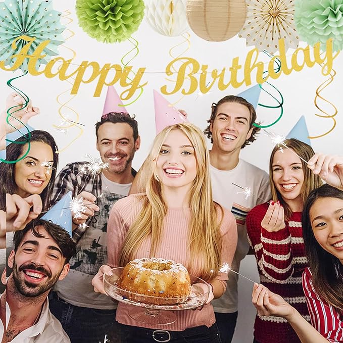 Sage Green Champagne-Gold Birthday Party-Decorations - 21pcs Happy Banner,Olive Retro Paper Lanterns Pom Poms,Rustic Boho Neutral Streamers Garland,Women Girls Boy Decor Supplies Huglony