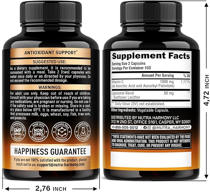 Liposomal Vitamin C 1000mg - High Absorption & Gentle On Stomach - Antioxidant, Energy Boost & Immune Support - Vitamin C Supplement - NON-GMO & SOY-Free - Made in USA - 200 Capsules, 100 Day Supply