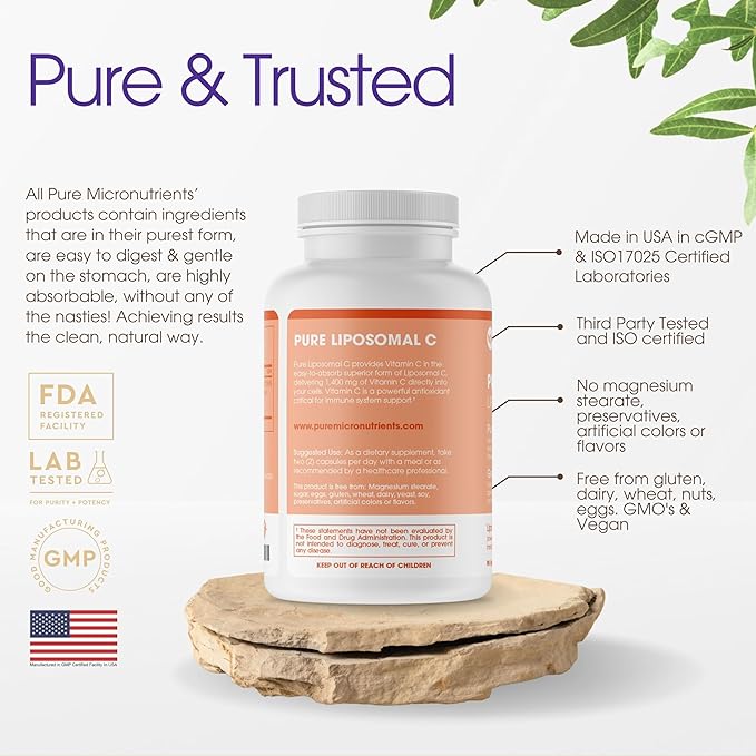 Pure Micronutrients Pure Liposomal Vitamin C - 1400mg Per Serve Supplement - 90 Capsules - High Absorption VIT C Ascorbic Acid Pills