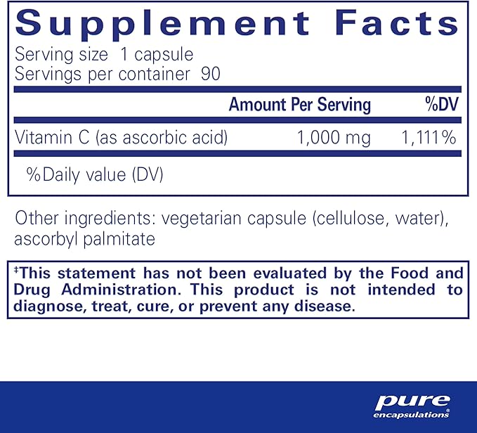 Pure Encapsulations Ascorbic Acid Capsules - 1,000 mg Vitamin C - Antioxidant & Immune Support* - High-Potency Vitamin C - Vegan & Non-GMO - 90 Capsules