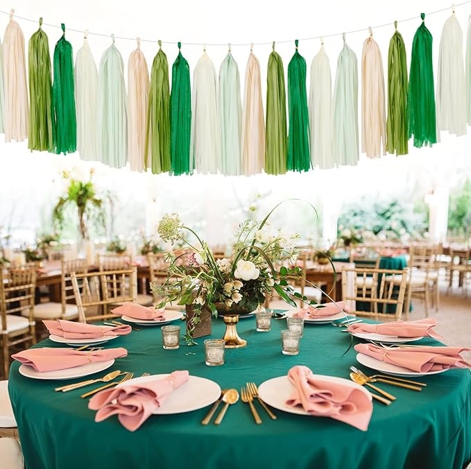 Sage-Olive Green Champagne-Gold Party Decorations - 30pcs Rustic Boho Wedding Paper Tissue Pom Poms Streamers,Tassel Garland Banner,Birthday Baby Bridal Shower Engagement Decor Lasting Surprise