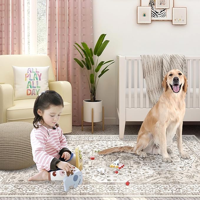 8'x10' Machine Washable Vintage Design Area Rug - Non Slip, Stain Resistant for Home, Office, Machine Washable Area Rugs 8x10,Area Rugs for Living Room (Beige Cream 8x10)…