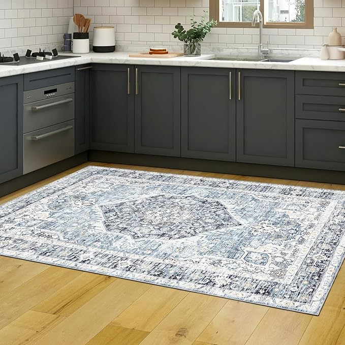 Area Rug 3×5, Vintage Boho Rug,Ultra-Soft Low Pile, Washable, Non Slip,Stain Resistant Printed Carpet for Living Room Bedrooms Playroom Office Kitchen, Light Blue