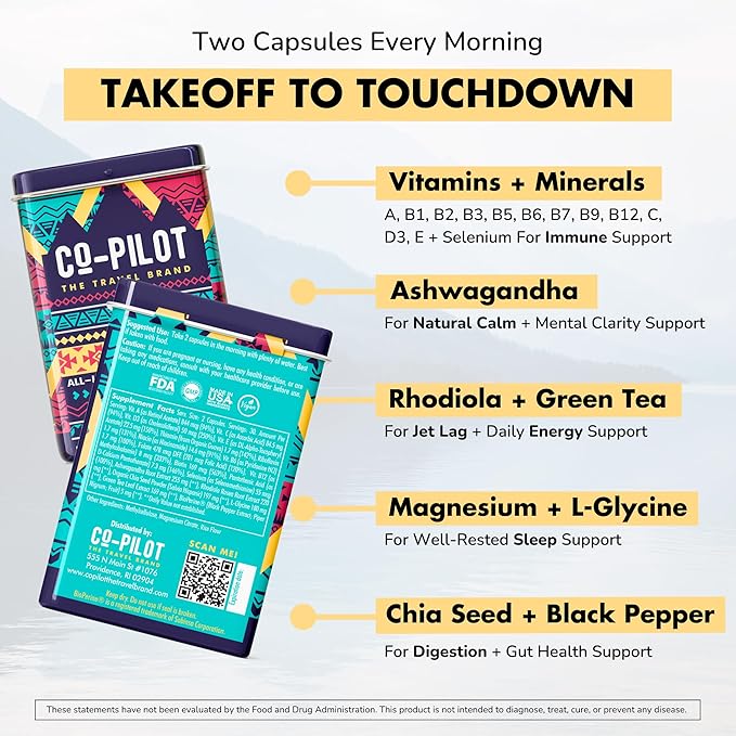 Travel Vitamin Supplement for Flight and Daily, Jet Lag, Energy, Immune, Digestion Support, Promote Calmness with Ashwagandha, Rhodiola, Chia & D3 for Better Sleep & Mood | Vegan, 60 Count