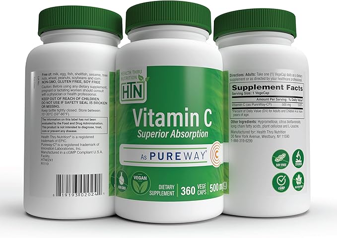 Health Thru Nutrition Vitamin-C 500mg as PureWay-C 360 Vegecaps Superior Absorption | Healthy Immune Function and Collagen Support | 3rd Party Tested | Vegan, Non-GMO and Gluten Free