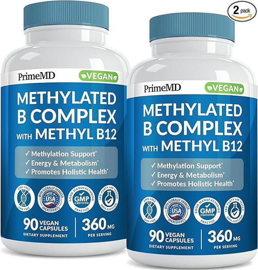 Methylated B Complex with Methylfolate and B12 Methylcobalamin 1000 mcg - Methylated Multivitamin for Energy, Brain Function, and Wellness - Vitamin B Complex for Men & Women (180 Servings, Pack of 2)
