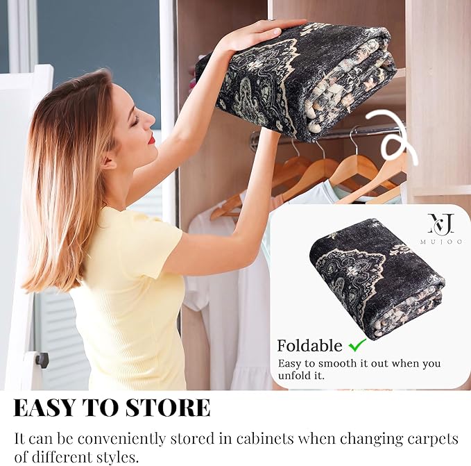 MUJOO Black Rug 2'x3',Small Washable Area Rugs for Entryway Kitchen Bathroom Bedroom,Boho Vintage Bohemian Distressed Farmhouse Non Slip Carpet, Floral