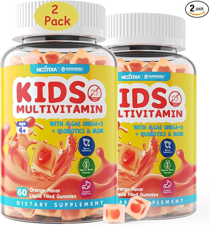 (2 Pack) Kids Multivitamin Gummies with Iron, Sugar Free, Kids Daily Vitamins + Probiotics, Algae Omega 3 (EPA/DHA), A, C, D, Methyl B12, Folate, B6, Zinc, Biotin, for Healthy Growth, Immune Support