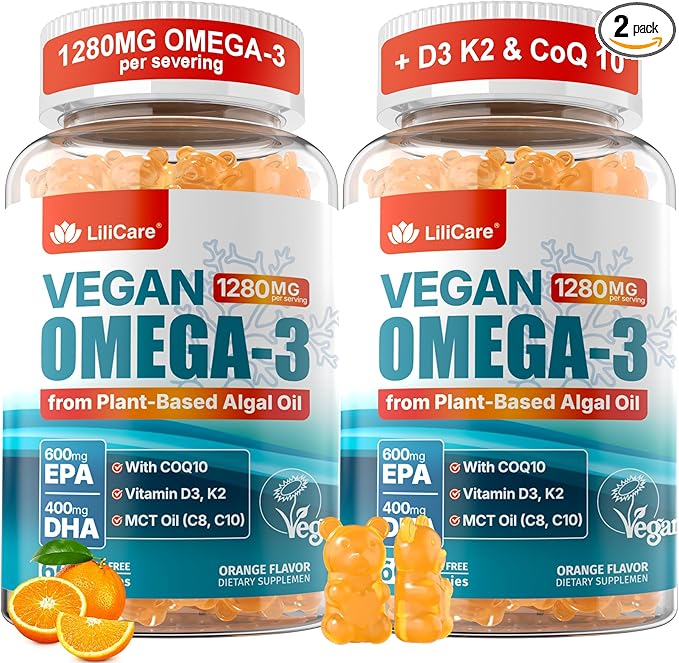 Vegan Omega-3 Gummies 1280mg + COQ10+ Vitamin D3 K2 (MK7), Omega 3 Fish Oil Alternative for Adults w/EPA 600mg & DHA 400mg & MCT Oil, No Fish Taste from Marine Algae, for Brain, Eye, Immunity, 2 Pack
