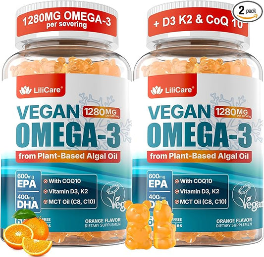Vegan Omega-3 Gummies 1280mg + COQ10+ Vitamin D3 K2 (MK7), Omega 3 Fish Oil Alternative for Adults w/EPA 600mg & DHA 400mg & MCT Oil, No Fish Taste from Marine Algae, for Brain, Eye, Immunity, 2 Pack