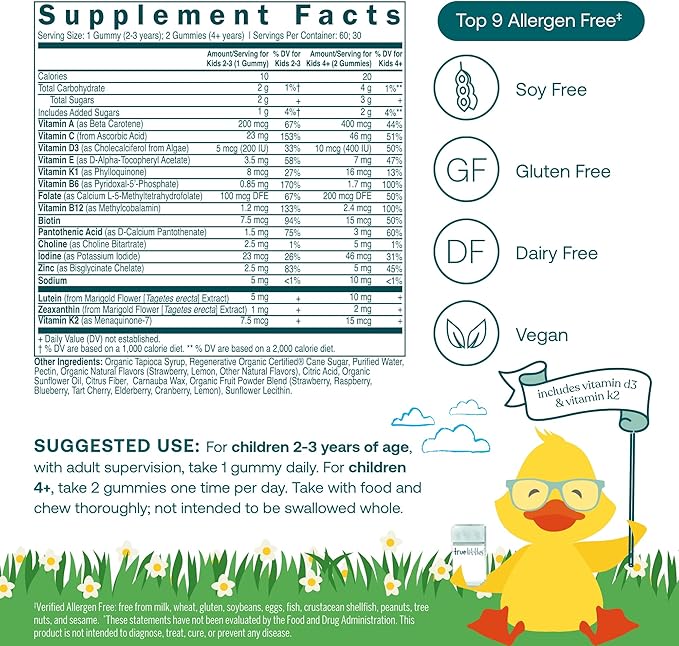 True Grace True Littles Daily Kids Multi - 60 Pectin Gummies - - Clinically Studied Lutemax Kids Lutein & Vitamin D3 + K2 - Allergen Free & Vegan - 60 Servings