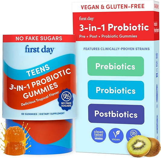 FIRST DAY Vitamins for Teens 3-in-1 Probiotic Gummies - Prebiotic + Probiotic + Postbiotic for Teens Girls & Boys 12-17 – Skin Health, Digestive & Oral Health, Immunity, Energy – 30-Day Supply
