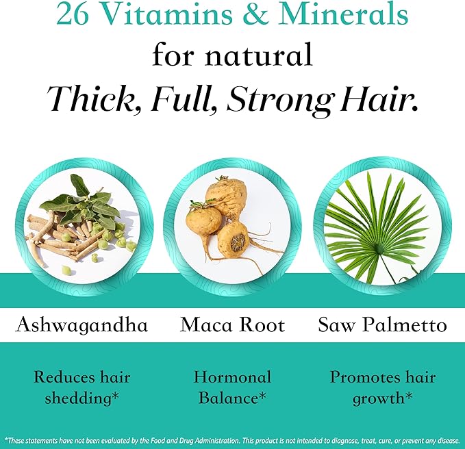 Women's Balance Hair Growth Supplements, Ages 45 and Up, Customer Proven for Visibly Thicker Hair and Scalp Coverage, Soy-Free, Made with 26 Ingredients Including Beta Carotenes - 2 Month Supply