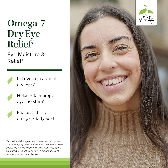 Terry Naturally Omega-7 Dry Eye Relief - Eye Health Supplement with Sea Buckthorn Oil - Dietary Supplement to Aid Dry Eye Relief - 60 Softgels