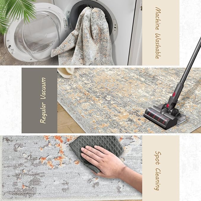 Area Rug 8x10 Rugs for Living Room Abstract Washable Rugs Area Rugs Carpet for Bedroom Living Room Indoor Non Slip No Pile, Machine Washable Area Rugs(Grey-Based with Yellow 8x10)