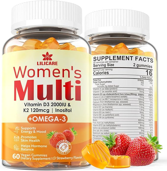 Womens Multivitamin Gummy with Omega 3(DHA/EPA), Vitamin D3 K2, Calcium, Inositol, Daily Womens Vitamin A C E B Complex, L-MethylFolate, Methyl B12,Sugar Free Methylated Multivitamins Minerals, 60Cts
