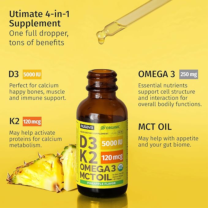 (4 Pack) Organic Vitamin D3 K2 Drops with MCT Oil Omega 3, Maximum Strength Vitamin D Liquid 5000 IU, No Fillers, Non-GMO Liquid D3 for Faster Absorption and Immune Support (Pineapple, 4 Fl Oz)