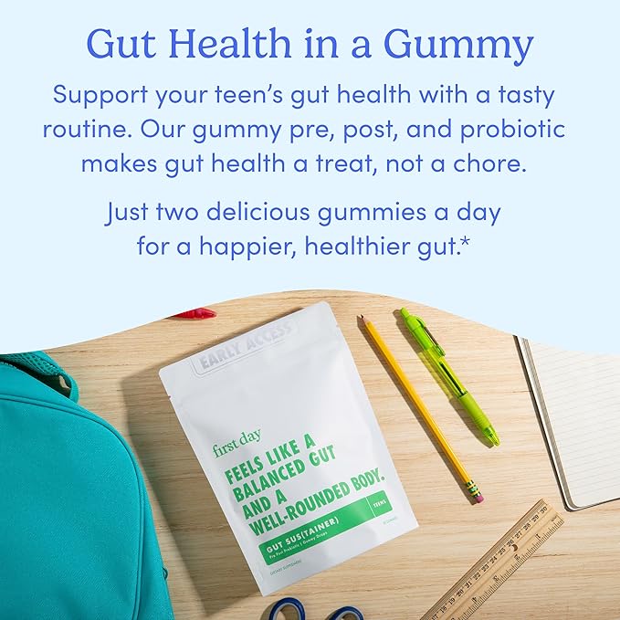FIRST DAY Teens’ Gut Sustainer Tribiotic Gummies – 3-in-1 Prebiotic, Probiotic & Postbiotic Supplement – Supports Digestive, Skin, Oral & Immune Health, Nutrient Absorption & Growth – 60-Day Supply