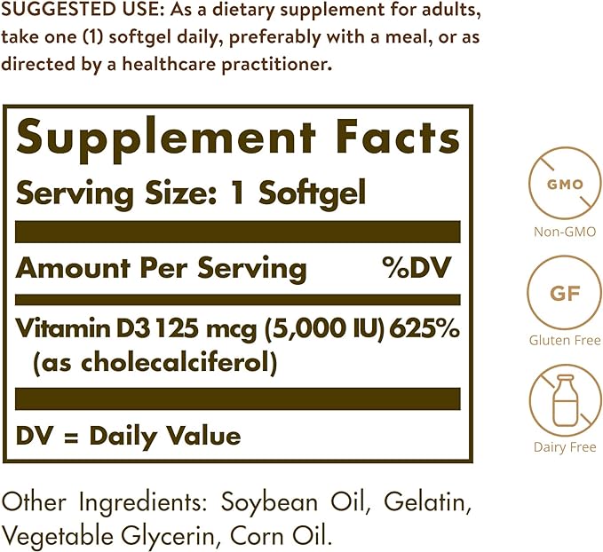 Solgar Vitamin D3 (Cholecalciferol) 125 MCG (5000 IU), 100 Softgels - Helps Maintain Healthy Bones & Teeth - Immune System Support - Non GMO, Gluten-Free, Dairy Free - 100 Servings