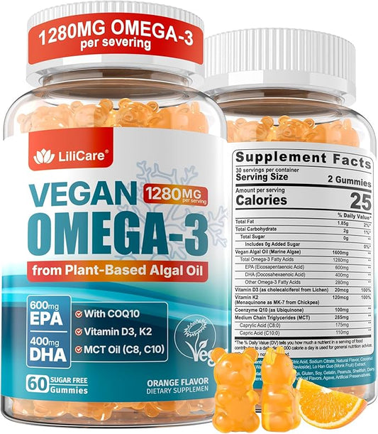 Vegan Omega-3 Gummies 1280mg + COQ10 + Vitamin D3 K2 (MK7), Omega 3 Fish Oil Alternative for Adults w/EPA 600mg DHA 400mg & MCT Oil, No Fish Taste from Marine Algae, for Brain, Eye, Immunity, 1 Pack