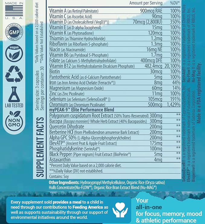 Wellness Award-Winning Vegan Multivitamin with ElevATP Ancient Peat Extract, Natural Astaxanthin, Iron, Resveratrol and Alpha GPC, Immunity Booster, All-in-One for Men and Women, 90 Count