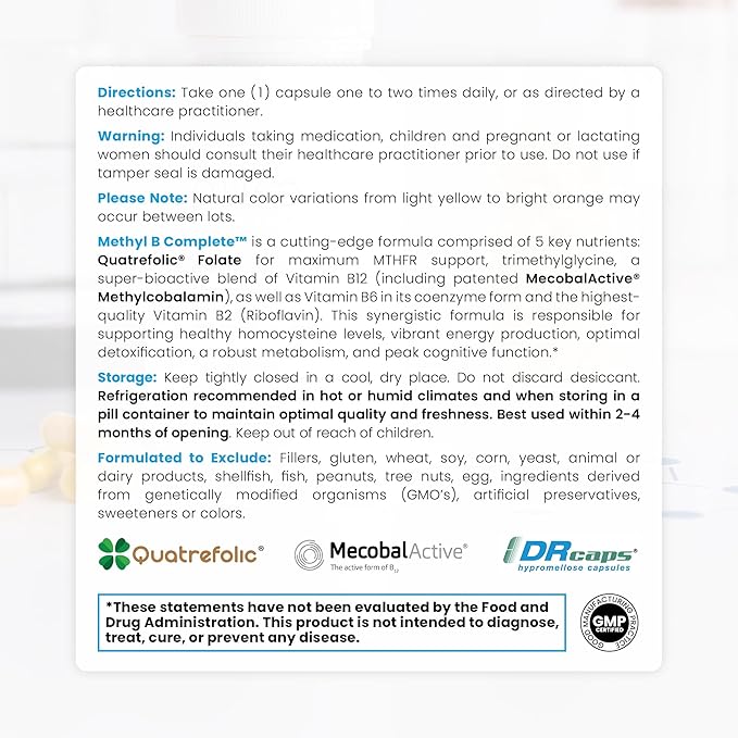 Methyl B Complete - 60 Vegetable Capsules | Optimal Methylation Support Supplement with Quatrefolic 5-MTHF (Active folate), Methylcobalamin (Active B12), B2, B6, and TMG | Pharmaceutical Grade