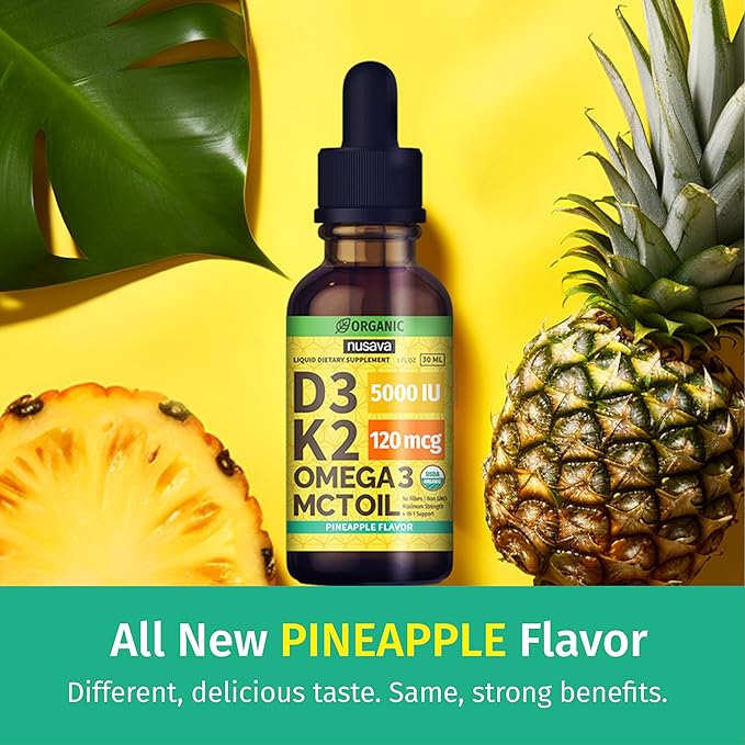 (4 Pack) Organic Vitamin D3 K2 Drops with MCT Oil Omega 3, Maximum Strength Vitamin D Liquid 5000 IU, No Fillers, Non-GMO Liquid D3 for Faster Absorption and Immune Support (Pineapple, 4 Fl Oz)