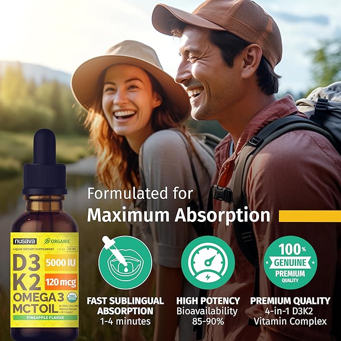 (2 Pack) Organic Vitamin D3 K2 Drops with MCT Oil Omega 3, Maximum Strength Vitamin D Liquid 5000 IU, No Fillers, Non-GMO Liquid D3 for Faster Absorption and Immune Support (Pineapple, 2 Fl Oz)