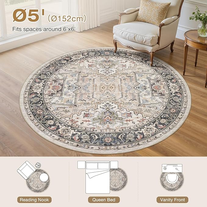 Area Rug for Living Room - 5x5 Large Soft Washable Oriental Vintage Floral Carpet Safe for Babies & Pets - Fade Stain Resistant Non Slip Rugs for Bedroom Dining Room Nursery Dorm Office Home Decor