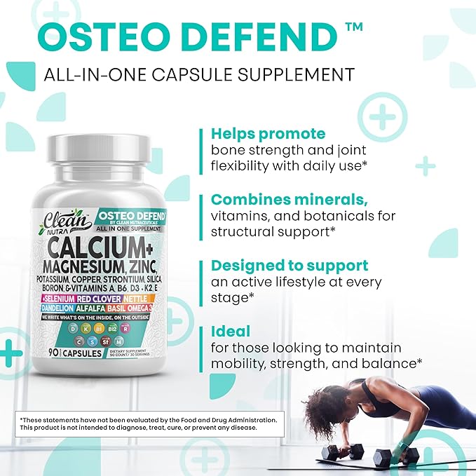 Allin1 Calcium Magnesium Zinc Supplement with Potassium, Copper, Strontium, Silica, Vitamin D3 K2, Boron, Vitamin B1 B12 Red Clover Herb Alfalfa Basil Pills for Men & Women Clean Nutra Osteo Defend