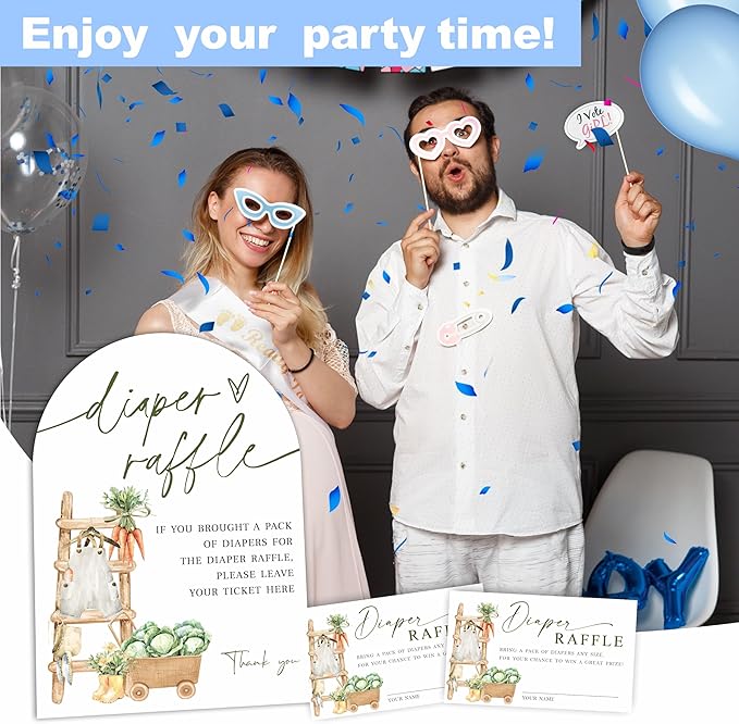 Farmhouse Arch Diaper Raffle Sign with Stand - 7x10 Inch Gender Neutral Baby Shower Game Kit with 50 Tickets, Baby Clothes Carrot Cabbage Print, Rustic Gender Reveal Decor (B05)