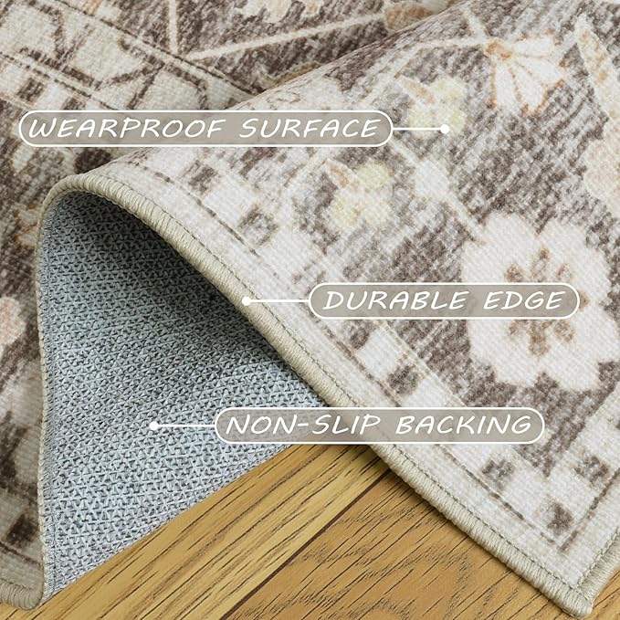 7X9 Area Rugs Machine Washable Rugs for Living Room Bedroom Hallway, Non Slip Indoor Soft Accent Distressed Boho Vintage Print Lightweight Thin Low Pile Carpet (Coffee, 7x9)