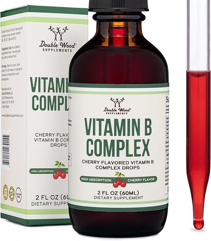 Double Wood Supplements Liquid Vitamin B Complex - 2 Month Supply - Max Absorption - B3, B6, B7 (Biotin), B9, and Vitamin B12 - Cherry Flavor - 2 FL OZ