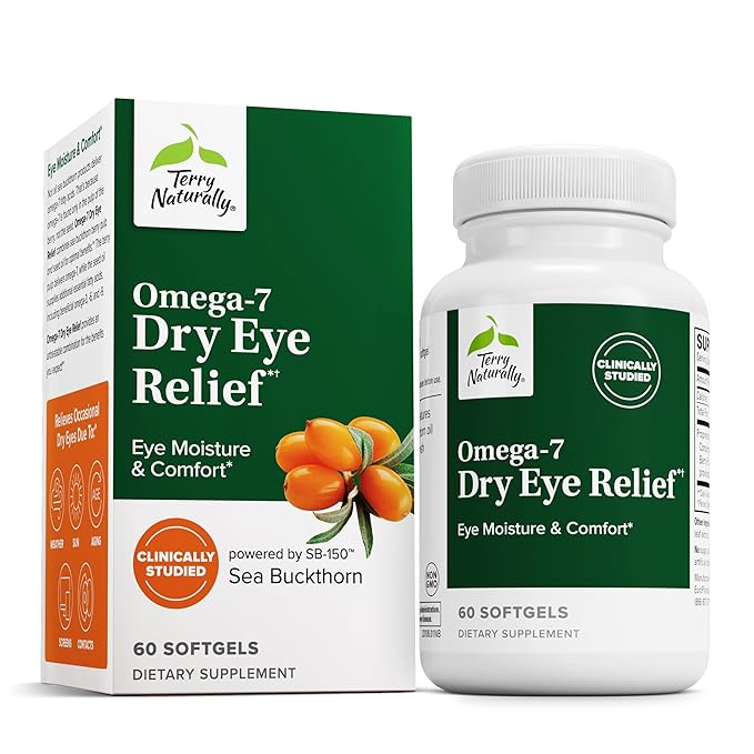 Terry Naturally Omega-7 Dry Eye Relief - Eye Health Supplement with Sea Buckthorn Oil - Dietary Supplement to Aid Dry Eye Relief - 60 Softgels