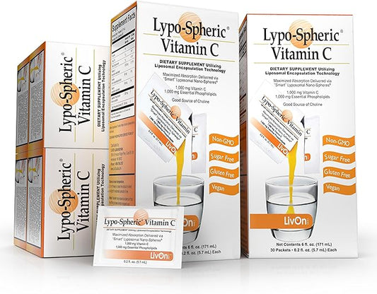 LivOn Laboratories Lypo–Spheric Vitamin C – 6 Cartons (180 Packets) – 1,000 mg Vitamin C & 1,000 mg Essential Phospholipids Per Packet – Liposome Encapsulated for Improved Absorption – 100% Non–GMO