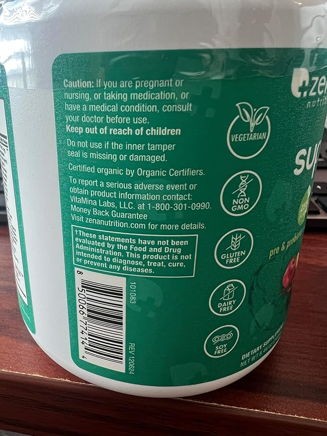 Zena Nutrition Organic Super Greens Powder, 70+ Superfoods, 0 Sugar, 3G Fiber, Spirulina, Chlorella, Antioxidants, Prebiotics/Probiotics, Digestive Enzymes, Green Apple, 30 Servings