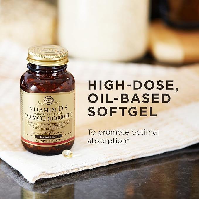 Solgar Vitamin D3 (Cholecalciferol) 250 MCG (10,000 IU), 120 Softgels - Helps Maintain Healthy Bones & Teeth - Immune System Support - Non GMO, Gluten/ Dairy Free - 120 Servings