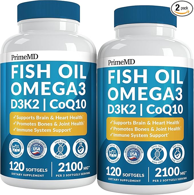 5-in-1 Fish Oil Omega 3 Supplements (2100mg) - Fish Oil with Vitamins D3 & K2 and CoQ10 - EPA DHA Omega 3 Supplement - Lemon Flavored Fatty Acid Supplements, Pack of 2