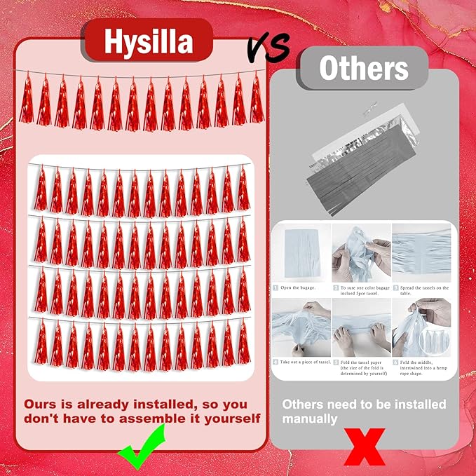 6P Red Foil Fringe Metallic Tassel Streamers Banner Tassel Garland for Parade Floats, Bachelorette, Wedding, Birthday, Graduation, Christmas, Bridal/Baby Shower Party Decorations