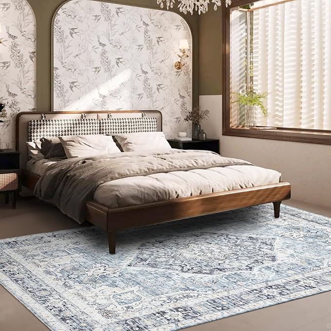 Area Rug 6×9, Large Vintage Boho Rug,Ultra-Soft Low Pile, Washable, Non Slip,Stain Resistant, Printed Carpet for Living Room Bedrooms Playroom Office Kitchen, Light Blue