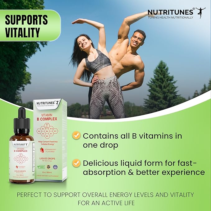 Liquid Vitamin B Complex–High-Potency and Complete B-Vitamin Drops for Energy, Metabolism, and Nervous System Support – Strawberry Flavored, Non-GMO, Sugar-Free – 60 Servings (2oz)