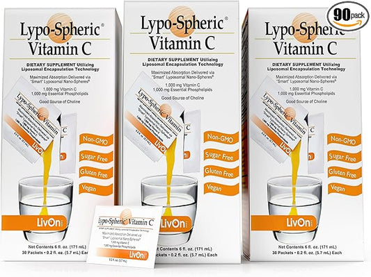 LivOn Laboratories Lypo–Spheric Vitamin C – 3 Cartons (90 Packets) – 1,000 mg Vitamin C & 1,000 mg Essential Phospholipids Per Packet – Liposome Encapsulated for Improved Absorption – 100% Non–GMO