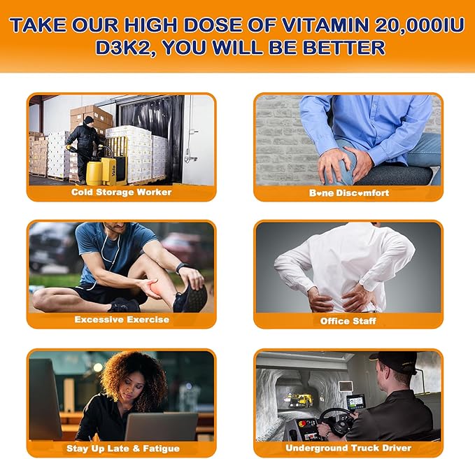 Vitamin D3 20,000 IU + K2(MK7) 200mcg-Optimal Vitamin D3 & K2-Support Strong Bones & Muscle, Calcium Absorption & Immune Health, Helping Vitamin D Deficiencies, Easy to Swallow, (Pack of 2)