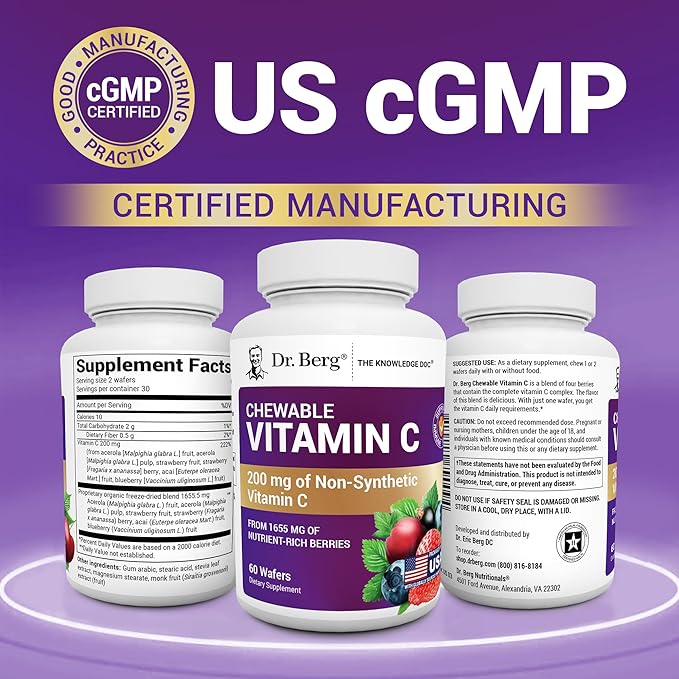Dr. Berg Chewable Vitamin C Complex - Made with Organic, Non-GMO Berries - 60 Delicious Wafers