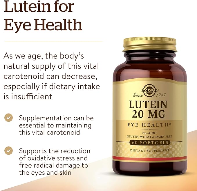 Solgar Lutein 20 mg, 60 Softgels - Supports Eye Health - Helps Filter Out Blue-Light - Contains FloraGLO Lutein - Non-GMO, Gluten Free, Dairy Free - 60 Servings