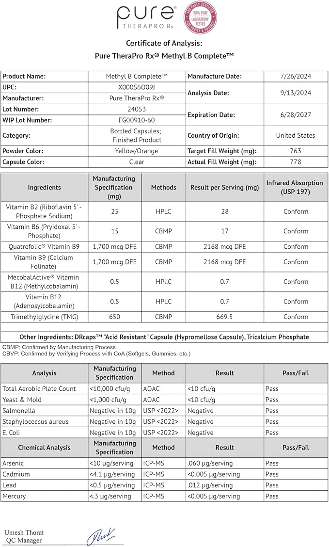 Methyl B Complete - 60 Vegetable Capsules | Optimal Methylation Support Supplement with Quatrefolic 5-MTHF (Active folate), Methylcobalamin (Active B12), B2, B6, and TMG | Pharmaceutical Grade