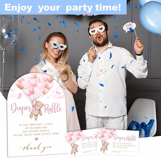 Pink Bear with Balloon Diaper Raffle Game Kit - 50 Tickets & 7x10 Inch Sign with Stand, Gender Neutral Baby Shower Decor, Bear Theme Gender Reveal Party Supplies (B04)
